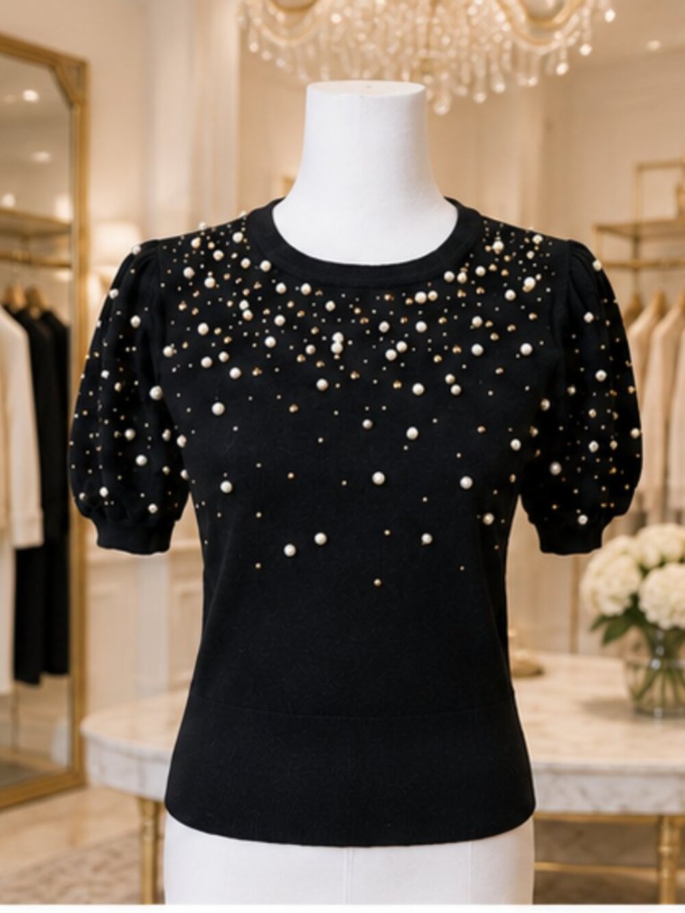 Adrianna Papell Black Pearl-Embellished Puff Sleeve Sweater, size L - Picture 2 of 7